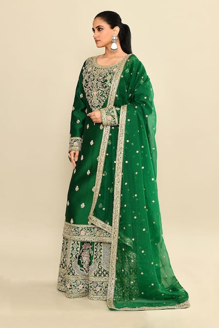 Shop_Kalighata_Green Chanderi Sequins, Cut Work Round Neck Floral Embroidered Kurta Sharara Set _Online_at_Aza_Fashions