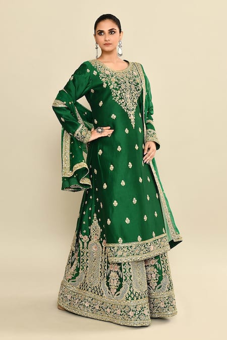 Buy_Kalighata_Green Chanderi Sequins, Cut Work Round Neck Floral Embroidered Kurta Sharara Set 
