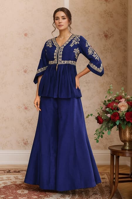Kalighata Navy Blue Peplum Embroidered Kurta Set 