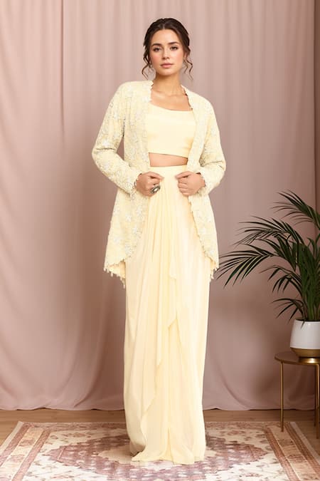 Kalighata Moonstone Hand Embroidered Jacket With Draped Skirt Set 