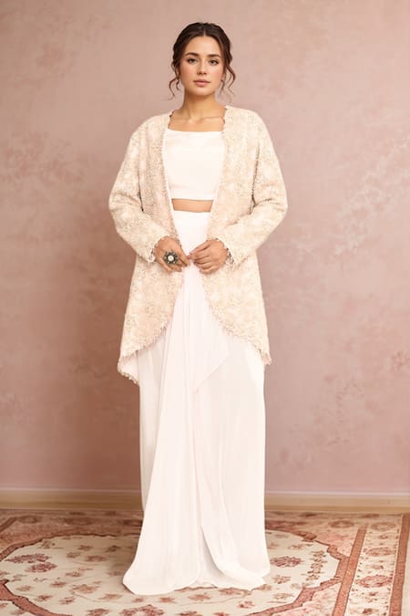 Kalighata Moonstone Embroidered Jacket With Draped Skirt Set 