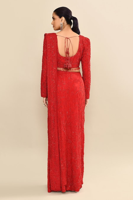 Kalighata Red Embroidered Pre-Draped Saree & Blouse 