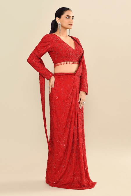 Kalighata_Red Silk Cut Work, Sequins, Embroidery V-neck Pre-draped Saree And Blouse _at_Aza_Fashions