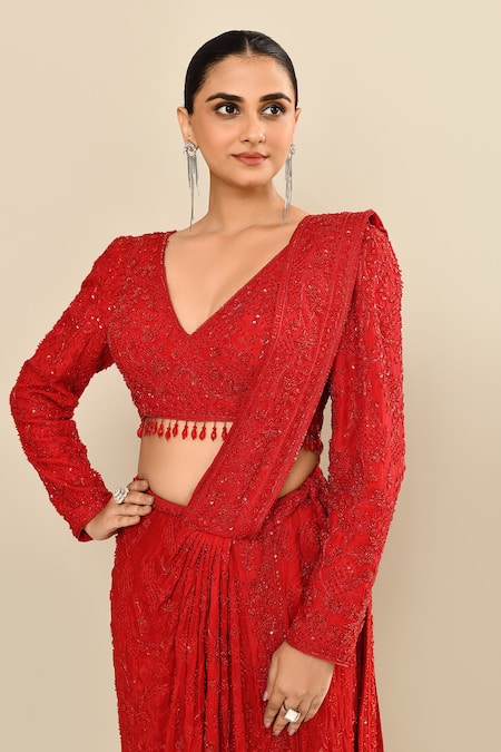 Buy_Kalighata_Red Silk Cut Work, Sequins, Embroidery V-neck Pre-draped Saree And Blouse 