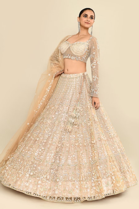 Shop_Kalighata_Gray Net Sequins, Cut Work, Embroidery Sweetheart Floral Bridal Lehenga Set 