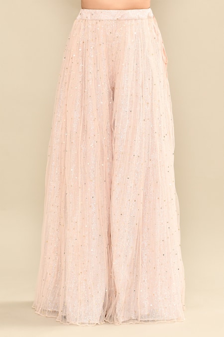 Shop_Kalighata_Pink Net Embroidery, Sequins Square Neck Floral Cutdana Kurta Sharara Set 