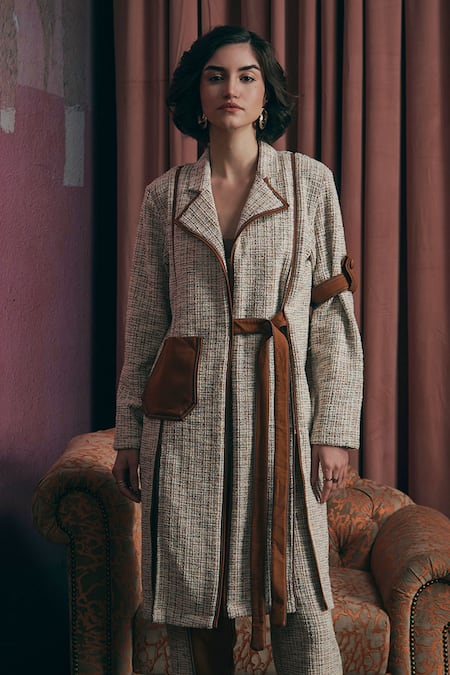 Buy Sunandini Orange Tweed Sweetheart Neck Coat And Trouser Set Online at Aza Fashions Buy_Sunandini_Orange Tweed Sweetheart Neck Coat And Trouser Set _Online_at_Aza_Fashions