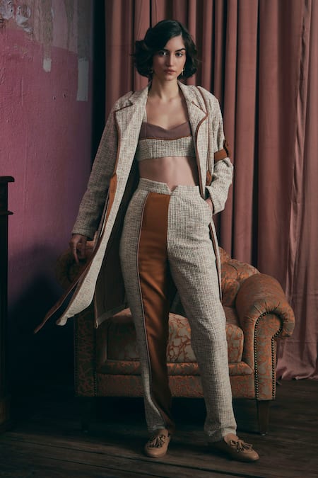 Sunandini Apricot Orange Tweed Coat & Trouser Set 