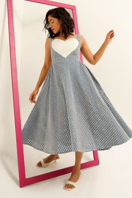 Sunandini_Blue Denim, Cotton Sweetheart Neck Cutwork Midi Dress _at_Aza_Fashions