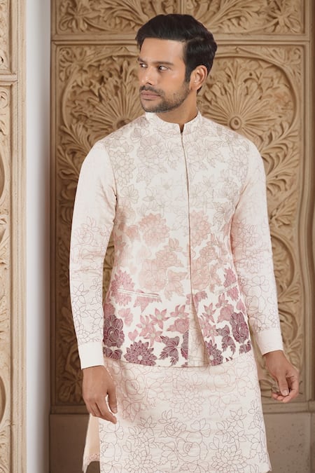 Buy_Rng Safawala_Off White Cotton, Silk Embroidery Floral Ombre Bundi Kurta Set 