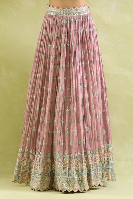 SUHINO_Purple Chiffon, Organza Embroidery, Mirrors Keyhole Neck And Resham Lehenga Set _at_Aza_Fashions