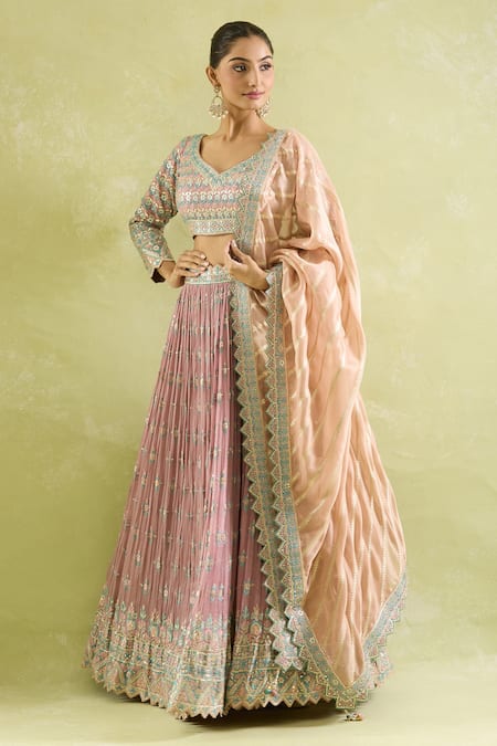 Buy_SUHINO_Purple Chiffon, Organza Embroidery, Mirrors Keyhole Neck And Resham Lehenga Set 