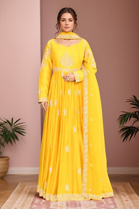 Kalighata Yellow Chanderi Sequins, Cut Work Polo Mustard Floral Embroidered Anarkali Set 