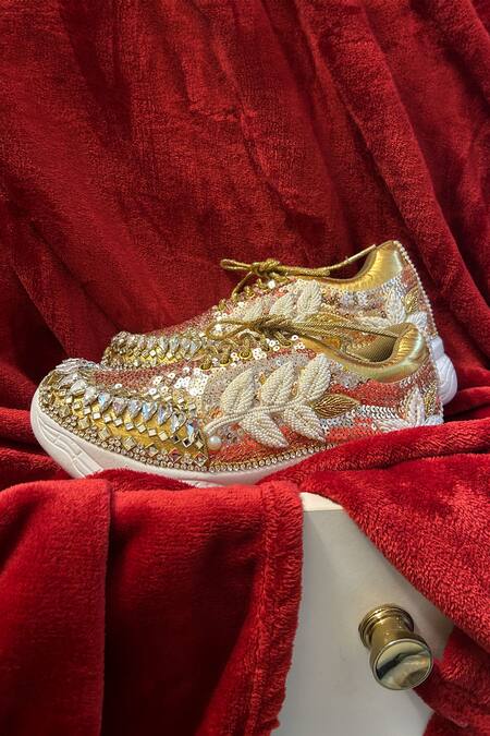 Chal Jooti_Beige Madhumalti Leaf Embellished Sneakers _Online_at_Aza_Fashions