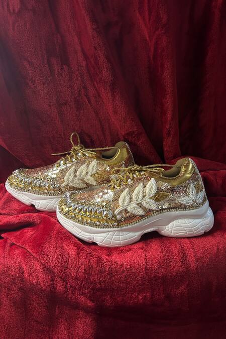 Shop_Chal Jooti_Beige Madhumalti Leaf Embellished Sneakers _Online_at_Aza_Fashions