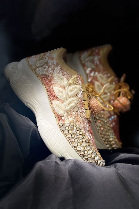 Shop_Chal Jooti_Beige Madhumalti Leaf Embellished Sneakers 