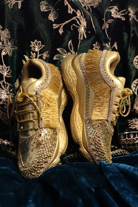 Chal Jooti Gold Sequins, Stones Embellished Sneakers With Fringes Online at Aza Fashions Chal Jooti_Gold Sequins, Stones Embellished Sneakers With Fringes _Online_at_Aza_Fashions