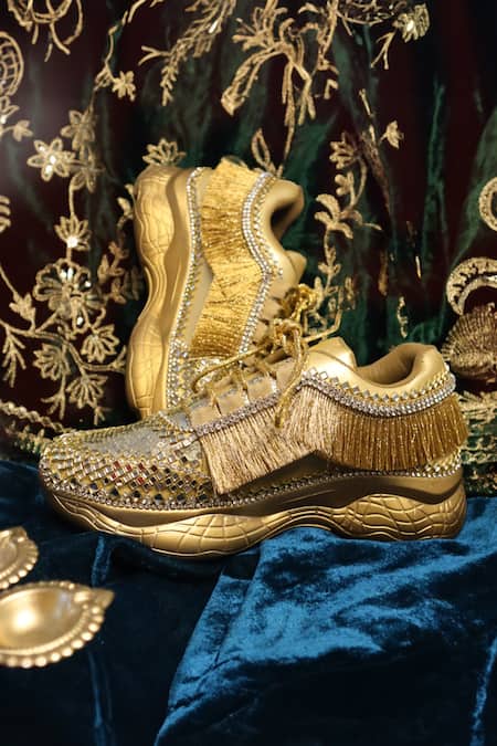 Buy Chal Jooti Gold Sequins, Stones Embellished Sneakers With Fringes Online at Aza Fashions Buy_Chal Jooti_Gold Sequins, Stones Embellished Sneakers With Fringes _Online_at_Aza_Fashions