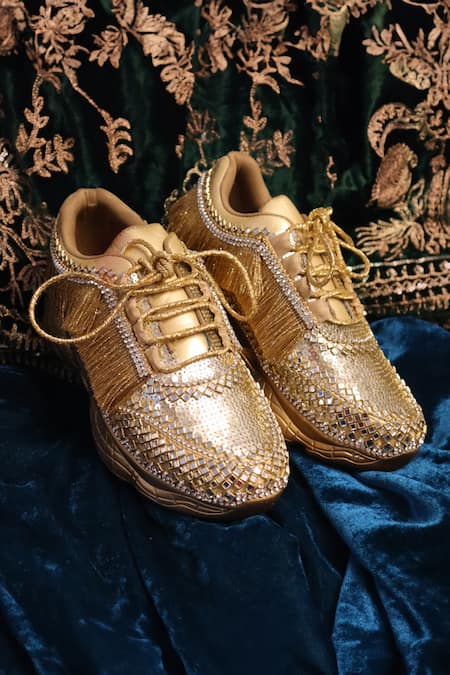 Shop Chal Jooti Gold Sequins, Stones Embellished Sneakers With Fringes Online at Aza Fashions Shop_Chal Jooti_Gold Sequins, Stones Embellished Sneakers With Fringes _Online_at_Aza_Fashions