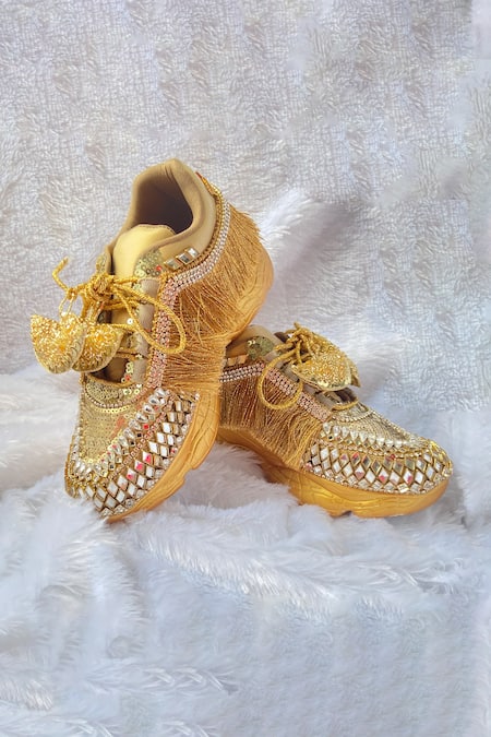 Shop Chal Jooti Gold Sequins, Stones Embellished Sneakers With Fringes Shop_Chal Jooti_Gold Sequins, Stones Embellished Sneakers With Fringes