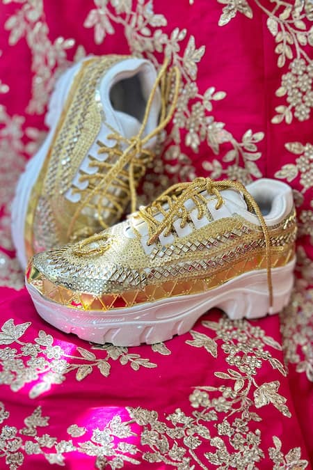 Shop Chal Jooti Gold Goddess Sequin Embellished Sneakers Shop_Chal Jooti_Gold Goddess Sequin Embellished Sneakers