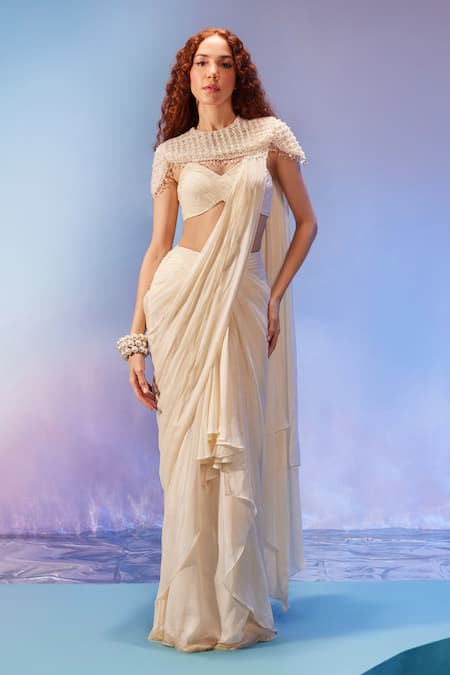 Zamoraa The Label Ivory Georgette Hand Embroidered Pearl Blouse Pre-draped Saree Set With Bib 