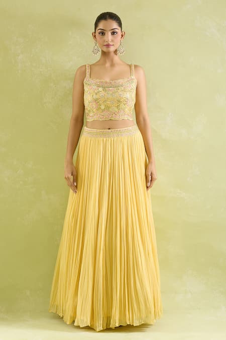 Shop_SUHINO_Yellow Georgette Embroidery, Mirrors Square Neck Resham And Cape Lehenga Set