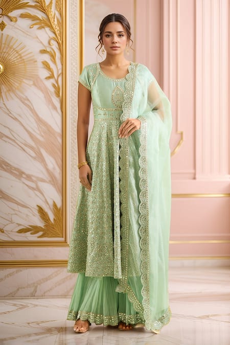 Suhino Mirror Bloom Jaal Embroidered Anarkali Sharara Set 