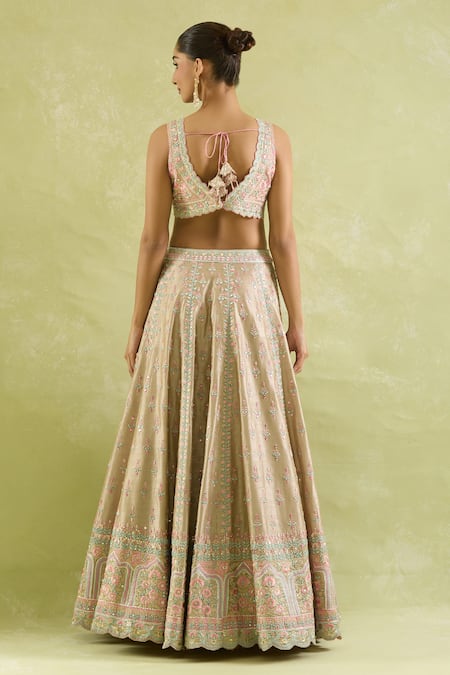 Buy SUHINO Pink Silk, Organza Embroidery, Tassels Asymmetric Resham Mirror Lehenga Set Online at Aza Fashions Buy_SUHINO_Pink Silk, Organza Embroidery, Tassels Asymmetric Resham Mirror Lehenga Set _Online_at_Aza_Fashions