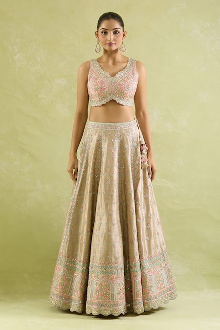 Shop SUHINO Pink Silk, Organza Embroidery, Tassels Asymmetric Resham Mirror Lehenga Set Online at Aza Fashions Shop_SUHINO_Pink Silk, Organza Embroidery, Tassels Asymmetric Resham Mirror Lehenga Set _Online_at_Aza_Fashions