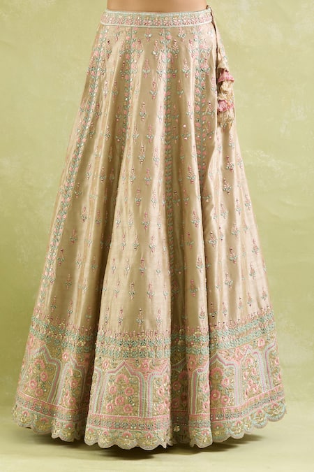 SUHINO Pink Silk, Organza Embroidery, Tassels Asymmetric Resham Mirror Lehenga Set at Aza Fashions SUHINO_Pink Silk, Organza Embroidery, Tassels Asymmetric Resham Mirror Lehenga Set _at_Aza_Fashions