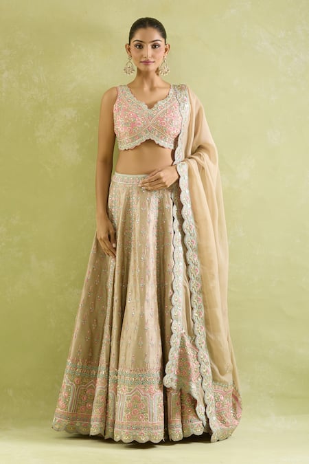 Buy SUHINO Pink Silk, Organza Embroidery, Tassels Asymmetric Resham Mirror Lehenga Set Buy_SUHINO_Pink Silk, Organza Embroidery, Tassels Asymmetric Resham Mirror Lehenga Set