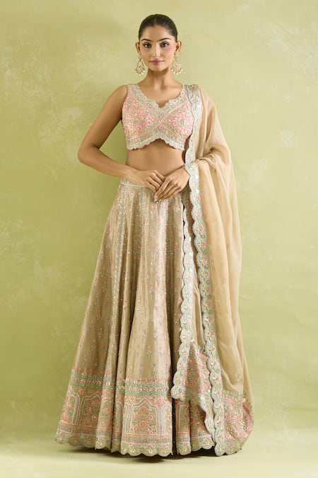 Shop SUHINO Pink Silk, Organza Embroidery, Tassels Asymmetric Resham Mirror Lehenga Set Shop_SUHINO_Pink Silk, Organza Embroidery, Tassels Asymmetric Resham Mirror Lehenga Set