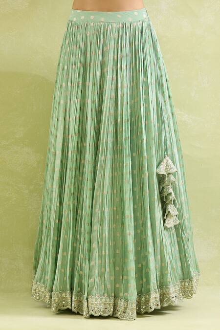 Buy_SUHINO_Green Organza, Silk, Cotton Mirrors, Zari Aqua Embroidered Lehenga Set