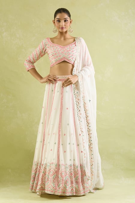 Shop SUHINO White Organza Mirrors, Embroidery Lehenga Set Online at Aza Fashions Shop_SUHINO_White Organza Mirrors, Embroidery Lehenga Set _Online_at_Aza_Fashions