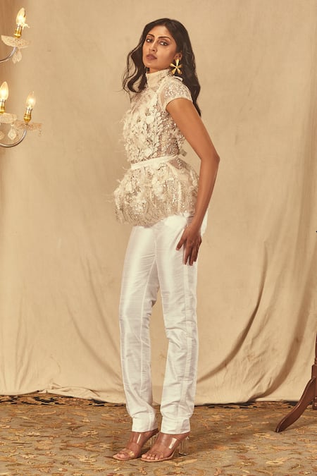House Of Three_Ivory Net Feathers High Neck Embroidered Peplum Top _Online_at_Aza_Fashions