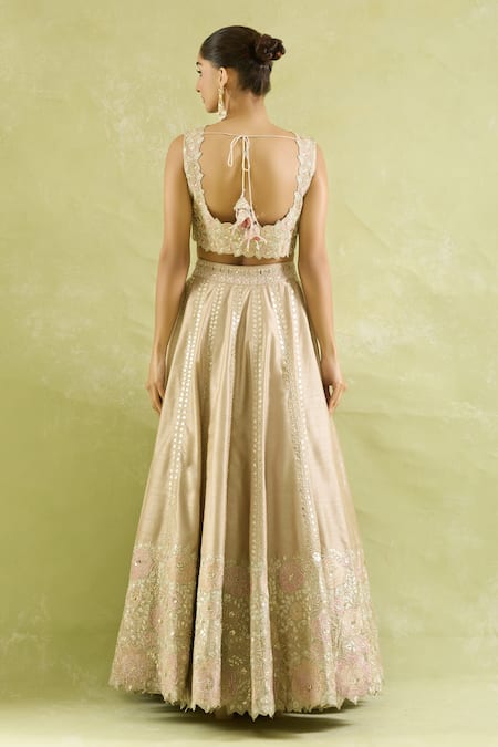 Shop_SUHINO_Beige Silk, Organza Zari, Mirrors, Embroidery Choker Bloom Vine Lehenga Set _at_Aza_Fashions