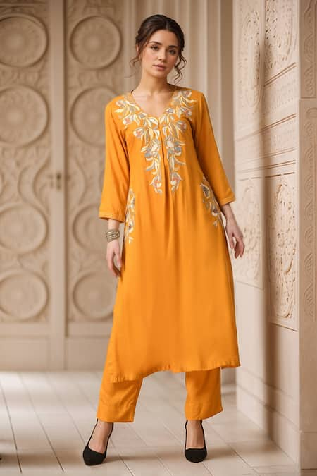 Samyukta Singhania Yellow Cotton Rayon Embroidery Floral V-neck Thread Pleat Kurta With Pant 