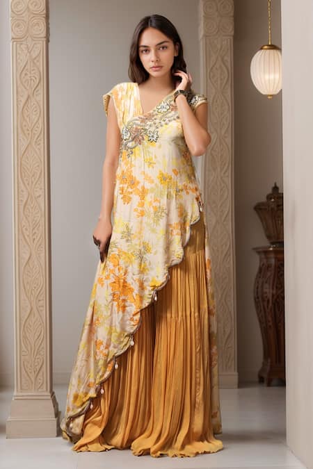 Buy_Samyukta Singhania_Yellow Crepe, Chiffon, Cotton Sequins, Floral Print Tunic With Sharara _Online_at_Aza_Fashions