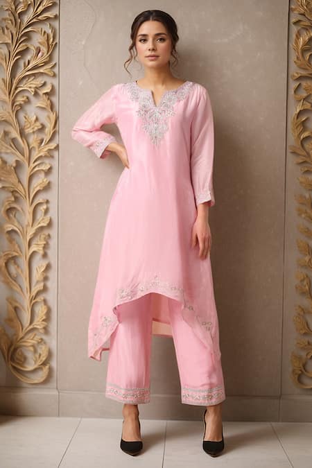Shop Samyukta Singhania Pink Organza, Silk Embroidery Split V-neck Yoke Asymmetric Kurta Pant Set Online at Aza Fashions Shop_Samyukta Singhania_Pink Organza, Silk Embroidery Split V-neck Yoke Asymmetric Kurta Pant Set _Online_at_Aza_Fashions