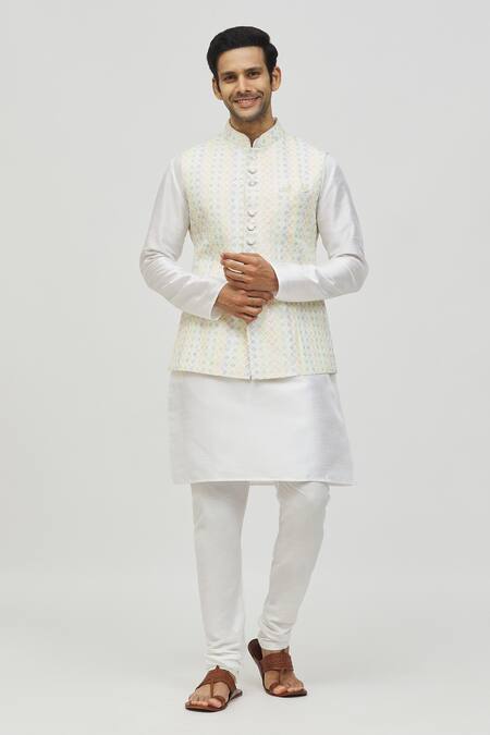 Buy_Arihant Rai Sinha_Cream Rayon, Silk Sequins, Embroidery Floral Bundi Set 