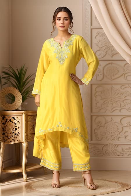 Shop_Samyukta Singhania_Yellow Organza, Silk Embroidery Split Flower Yoke Straight Kurta Pant Set _Online_at_Aza_Fashions