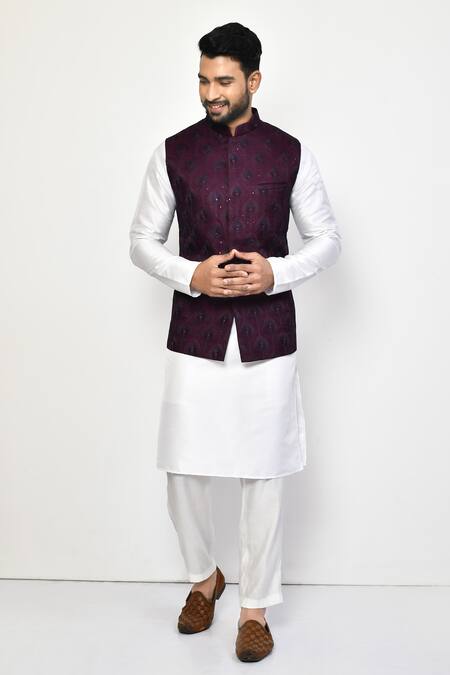 Buy_Arihant Rai Sinha_Purple Cotton Embroidery Peacock Feather Bundi Set