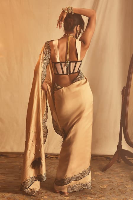 House Of Three Beige Embroidered Border Saree 