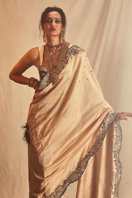 House Of Three_Beige Satin Embroidery, Sequins Border Saree _Online_at_Aza_Fashions
