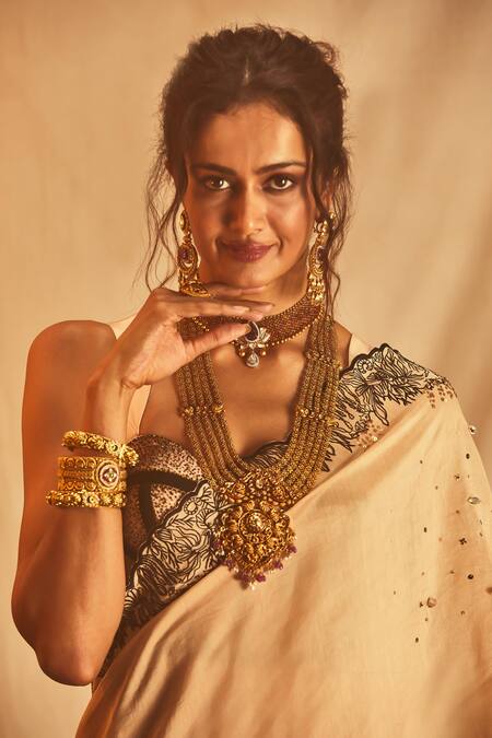 Buy_House Of Three_Beige Satin Embroidery, Sequins Border Saree _Online_at_Aza_Fashions