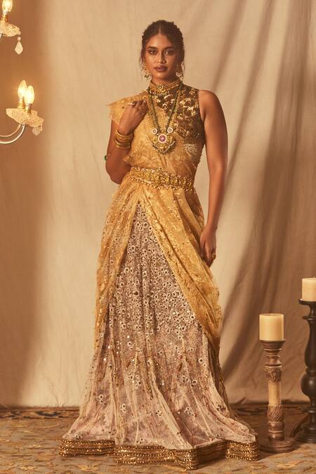 House Of Three Gold Silk Satin Sequins High Neck Embellished Blouse at Aza Fashions House Of Three_Gold Silk Satin Sequins High Neck Embellished Blouse _at_Aza_Fashions