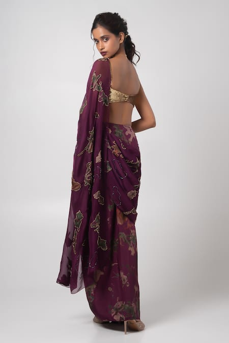 Shop Advait Gold Organza, Hemp Sequins, Embellished Patchwork Pre-draped Saree Set at Aza Fashions Shop_Advait_Gold Organza, Hemp Sequins, Embellished Patchwork Pre-draped Saree Set _at_Aza_Fashions