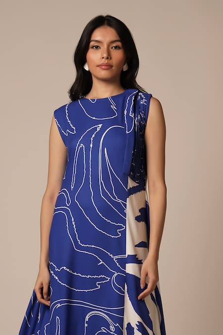 Advait_Blue Rayon Twill Print Abstract Round Neck Pleated High Low Dress _Online_at_Aza_Fashions