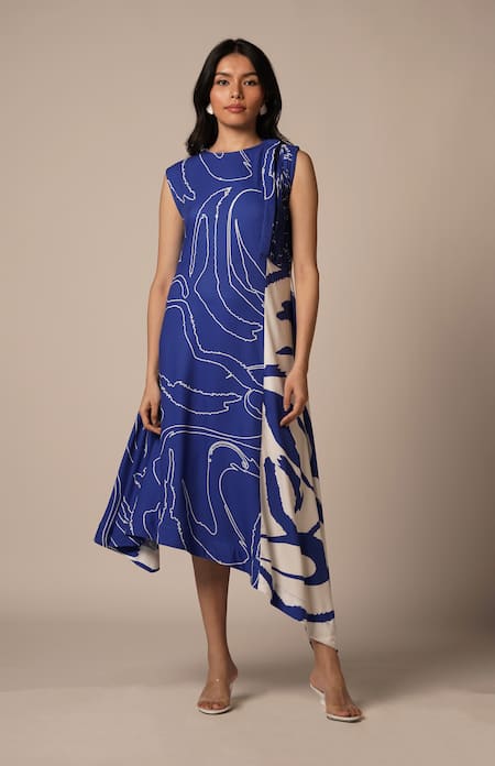 Buy_Advait_Blue Rayon Twill Print Abstract Round Neck Pleated High Low Dress _Online_at_Aza_Fashions